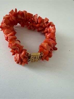 Handcrafted Orange Coral Vintage Bracelet with Gold-Tone Clasp